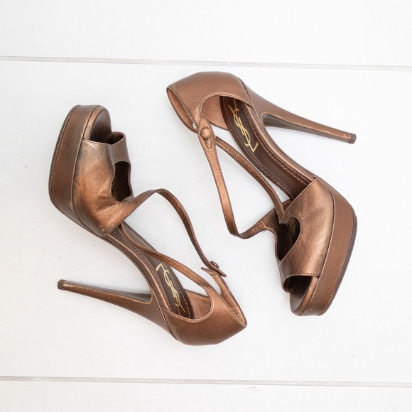 YSL Yves Saint Laurent Tribute Sandals – Bronze Leather High Heel – Size US 7 - Picture 3 of 8